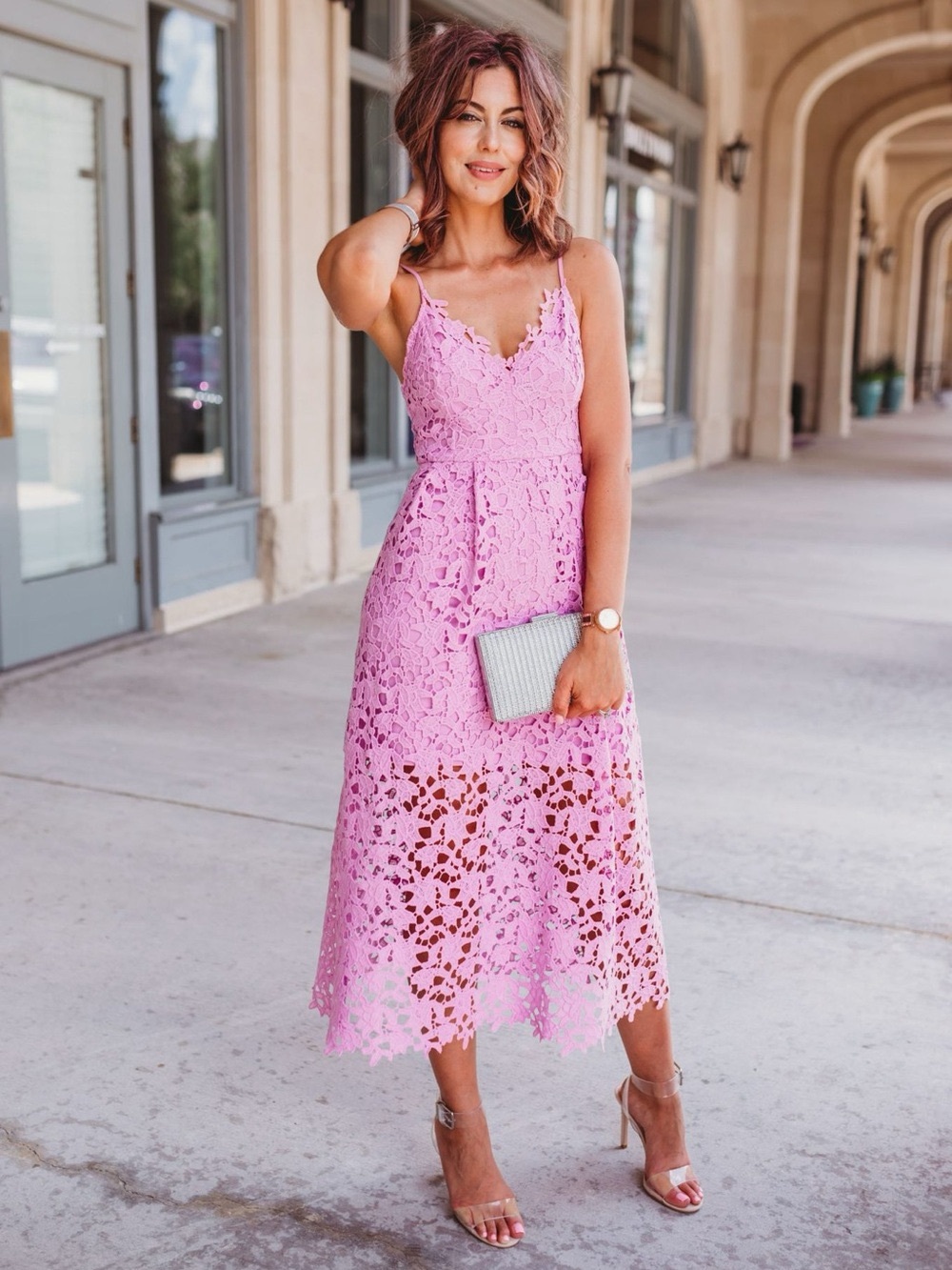 ASTR Pink Lace Midi Dress with Spaghetti Straps